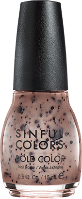 a bottle of brownish-white jelly nail polish with black glitter of varying sizes, giving the impression of cookies and creme ice cream